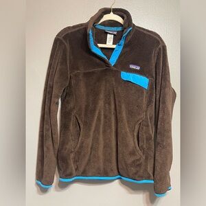 Patagonia Pullover Snap-T Fleece Quarter Snap Brown Blue Trim Medium Pockets